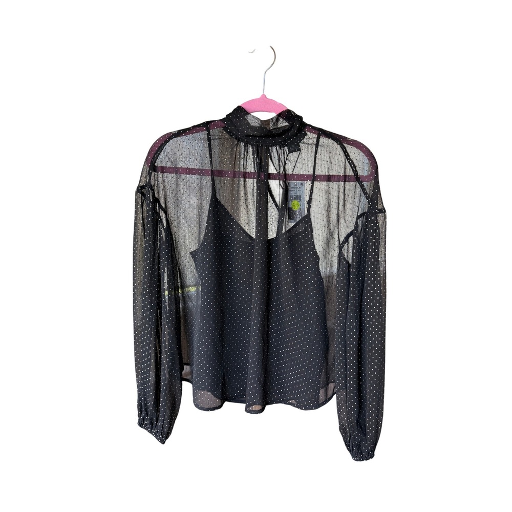 Sanctuary Black Sheer Polka Dot Mock‎ Neck Blouse with Camisole XXS